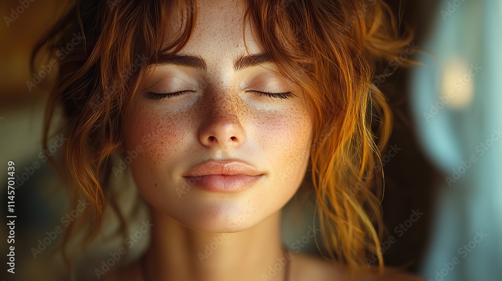 Naklejka premium A woman relaxes with closed eyes for happiness and zen in a house, showcasing harmony, balance, peace, mindset, stress relief, and chakra with tranquility.