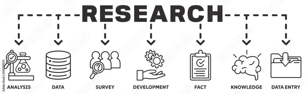 Research banner web icon vector illustration concept with icon of analysis, data, survey, development, fact, knowledge, data entry Research banner web icon vector illustration concept with icon of analysis, data, survey, development, fact, knowledge, data entry