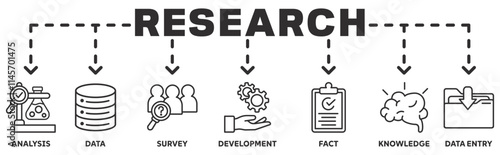 Research banner web icon vector illustration concept with icon of analysis, data, survey, development, fact, knowledge, data entry