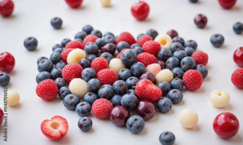 Top-down photograph of blueberries and raspberries arranged to form a heart, soft white background with the rich reds and blues Top-down photograph of blueberries and raspberries arranged to form a heart, soft white background with the rich reds and blues