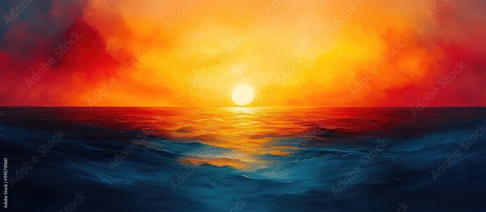 Obraz premium Vibrant sunset over the ocean showcasing a stunning blend of yellow, red, and blue hues illuminating the sky and water surface