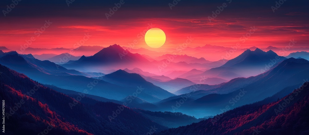 Majestic sunset over layered mountains displaying vibrant red and purple hues illuminating the serene landscape at twilight. Majestic sunset over layered mountains displaying vibrant red and purple hues illuminating the serene landscape at twilight.