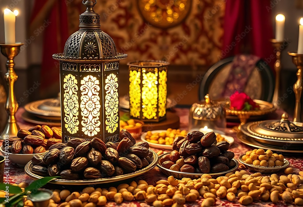 Ramadan Iftar Table with Dates and Lanterns Ramadan Iftar Table with Dates and Lanterns