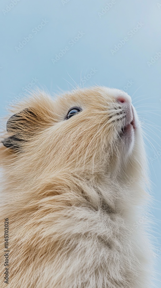 A close-up of a fluffy rabbit looking upward against a soft blue background.