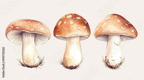 Detailed watercolor illustration of raw champignon mushrooms isolated on a soft background showcasing their unique textures and colors.