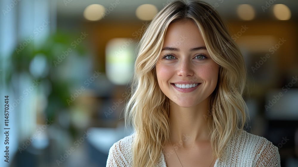 A woman smiles confidently in a workplace, representing a proud journalist, creative writer, news editor, or reporter for content creation. A woman smiles confidently in a workplace, representing a proud journalist, creative writer, news editor, or reporter for content creation.