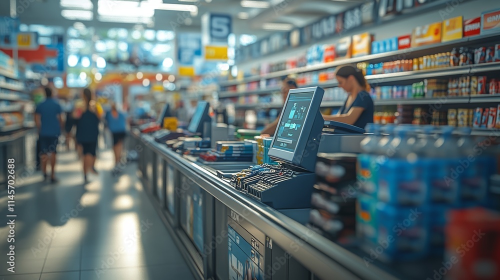 Close-up of Supermarket Checkout Area with Customers and Products Close-up of Supermarket Checkout Area with Customers and Products