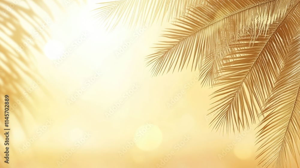 Obraz premium Golden beach sunset background with palm tree silhouettes and warm sunlight glowing over a tranquil sea in a vertical composition