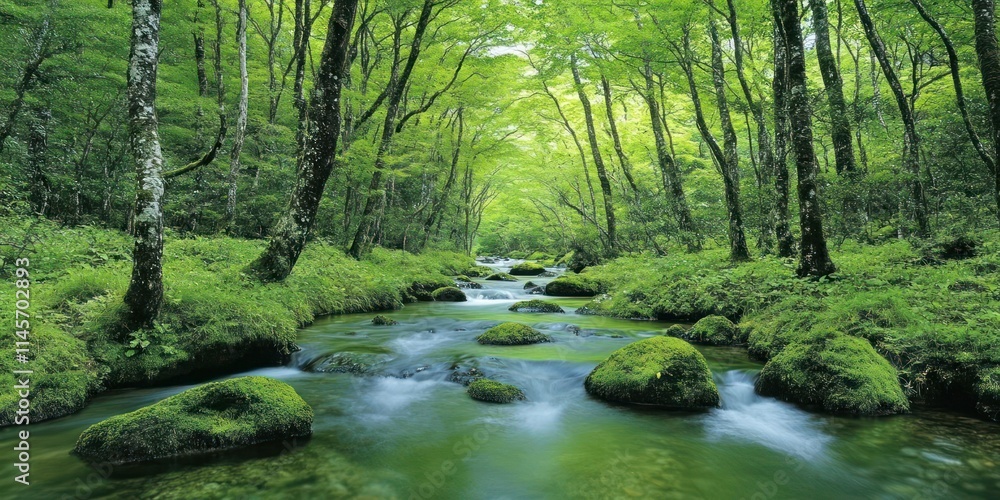A serene forest scene with a flowing stream, lush greenery, and tranquil natural beauty. A serene forest scene with a flowing stream, lush greenery, and tranquil natural beauty.