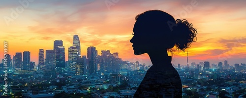 Businessman silhouettes concept. Silhouette of a woman against a vibrant city skyline at sunset, symbolizing reflection.