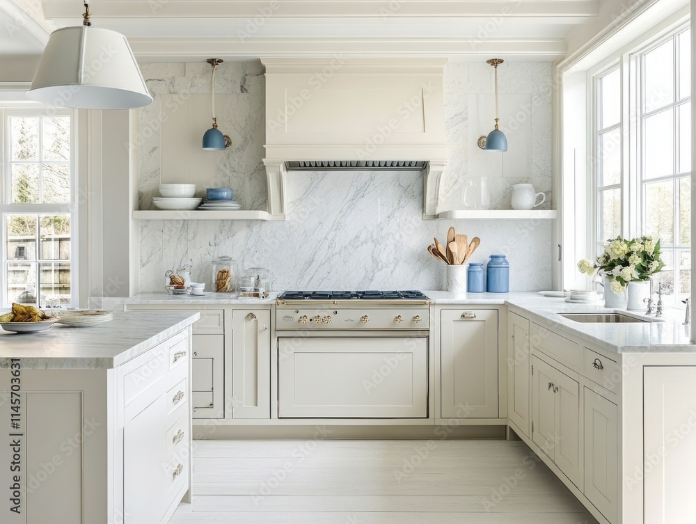 Elegant Cream Kitchen With Marble Backsplash And Island Elegant Cream Kitchen With Marble Backsplash And Island