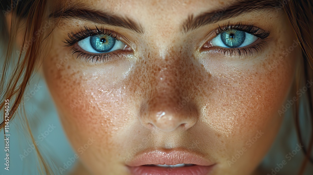 Fototapeta premium A woman's face with freckles represents skincare, beauty, confidence, and self-care in a studio setting.