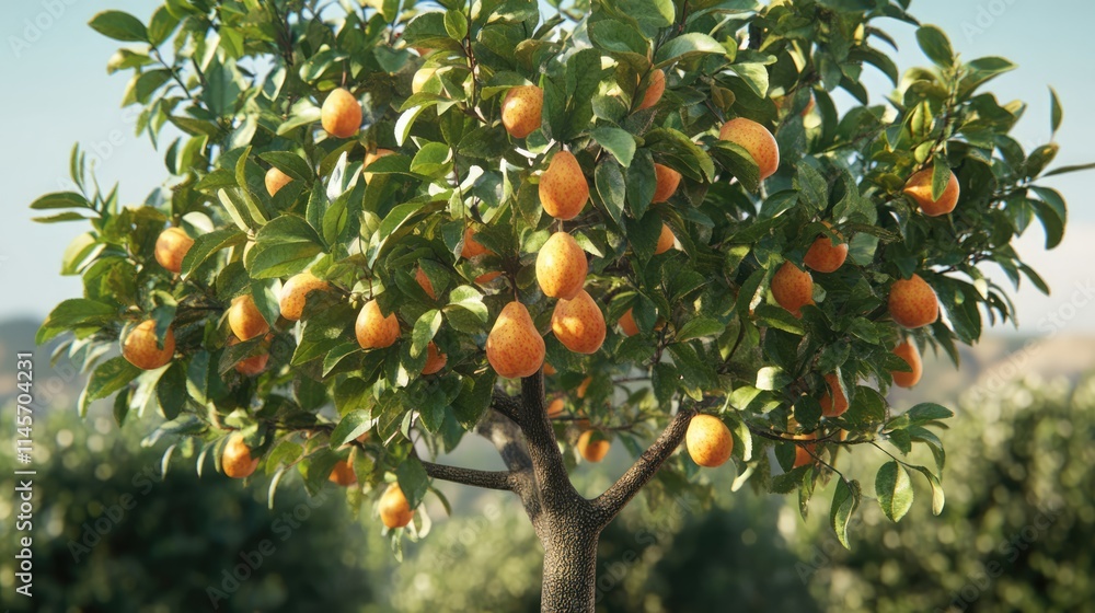 Ripe pear tree with abundant fruit and lush green leaves in a sunny orchard landscape Ripe pear tree with abundant fruit and lush green leaves in a sunny orchard landscape