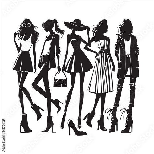 Stylish Fashion Silhouettes in Vector with Elegant Outfits and Accessories