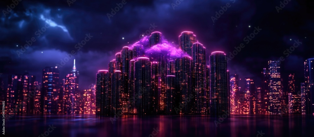 Fototapeta premium Futuristic city skyline with neon lights and cloud technology representing big data analytics and digital transformation in marketing.