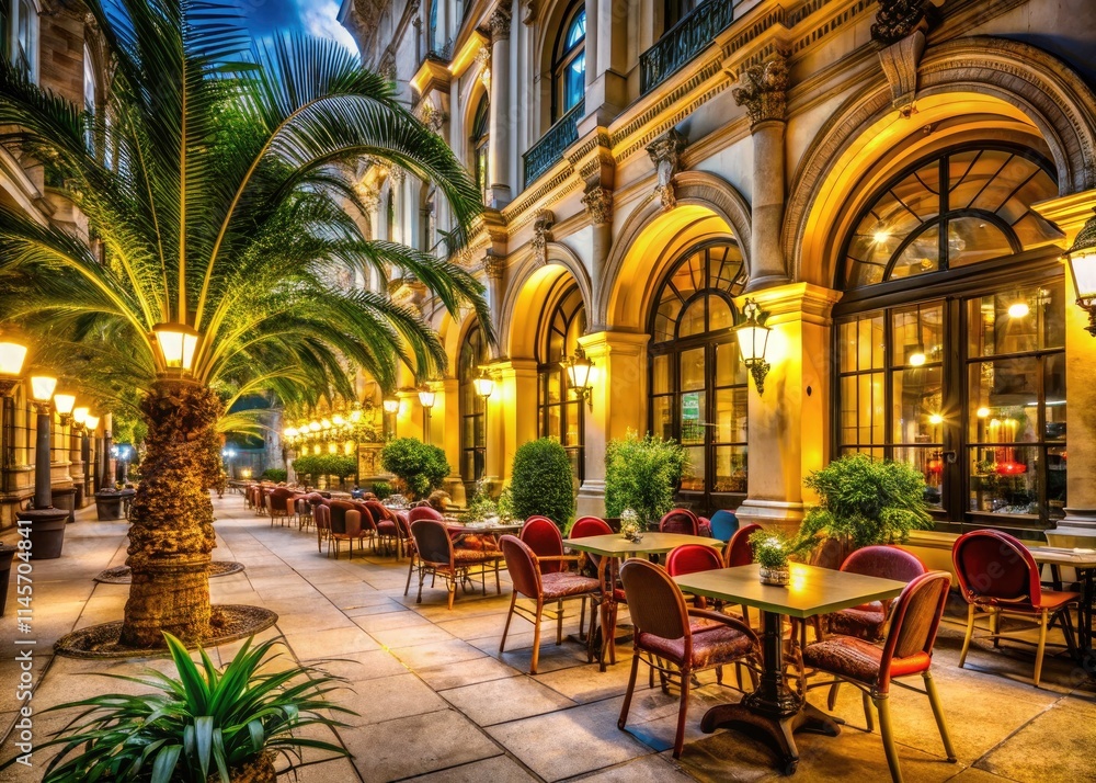 Naklejka premium Vienna Street Cafe: Romantic Evening in Old Town, Austrian Palm Tree Patio Restaurant