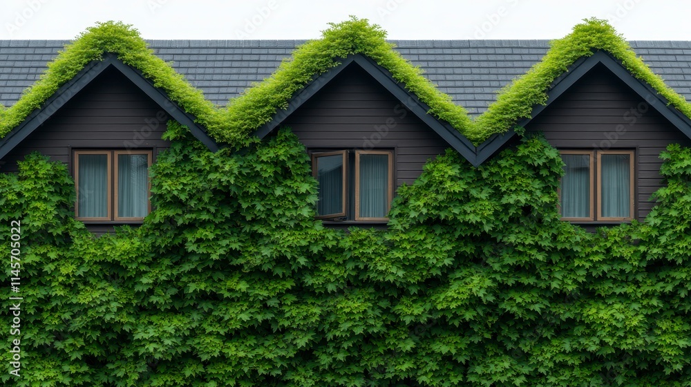 A modern house covered in lush greenery, showcasing a harmonious blend of architecture and nature. A modern house covered in lush greenery, showcasing a harmonious blend of architecture and nature.
