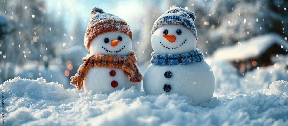 Fototapeta premium Two cheerful snowmen wearing colorful hats and scarves amidst a snowy landscape under a clear blue sky with soft snowfall.