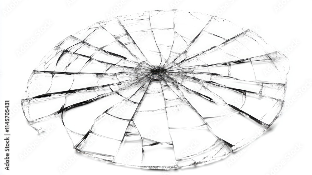 Obraz premium Fragmented glass surface with intricate cracks creating an abstract pattern isolated on a white background for design and texture use.