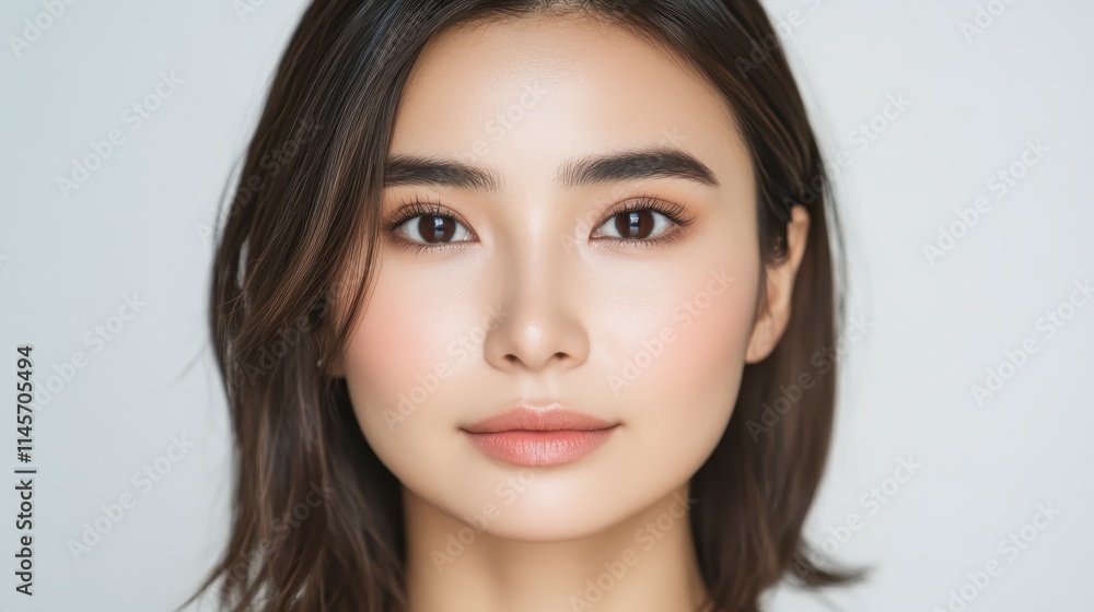 A close-up portrait of a woman with a natural look, featuring smooth skin, dark hair, and a soft expression against a neutral background. A close-up portrait of a woman with a natural look, featuring smooth skin, dark hair, and a soft expression against a neutral background.
