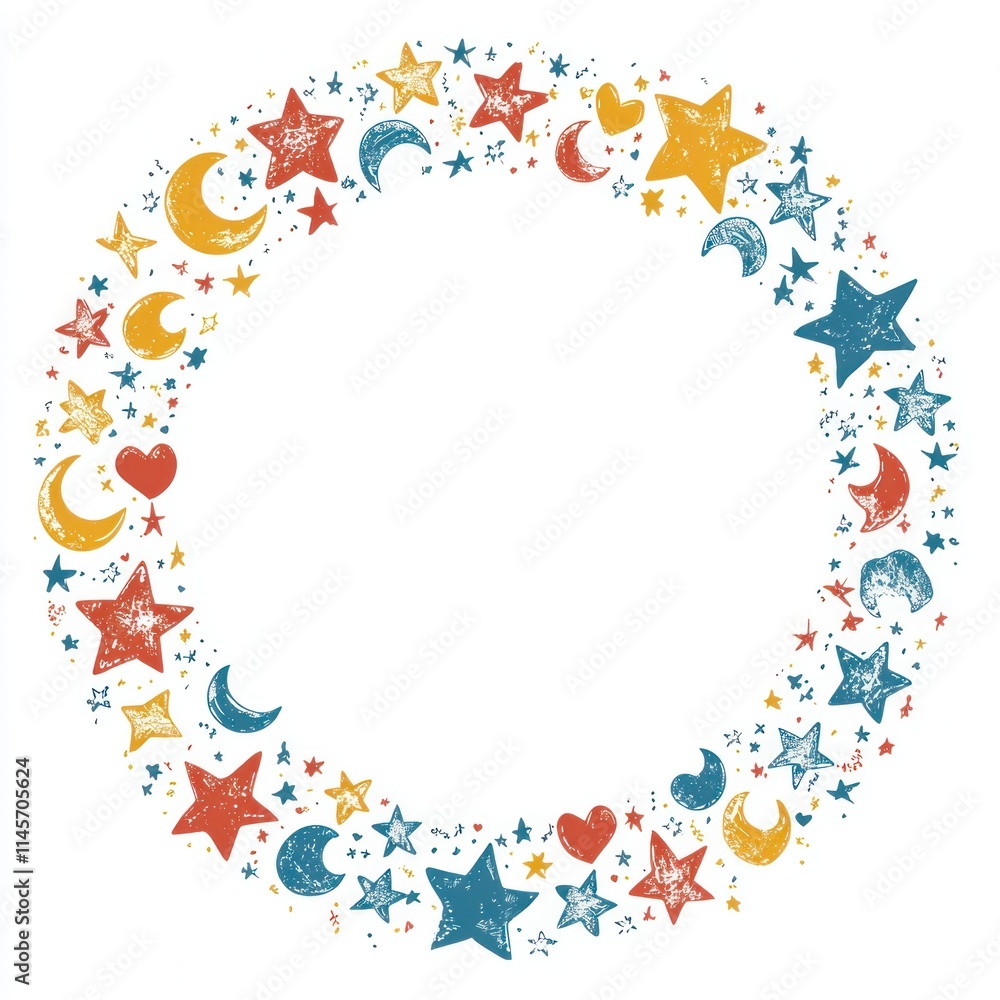 Colorful celestial frame design with stars, moons, hearts, and whimsical details ideal for creative projects, invitations, and nursery artwork Colorful celestial frame design with stars, moons, hearts, and whimsical details ideal for creative projects, invitations, and nursery artwork
