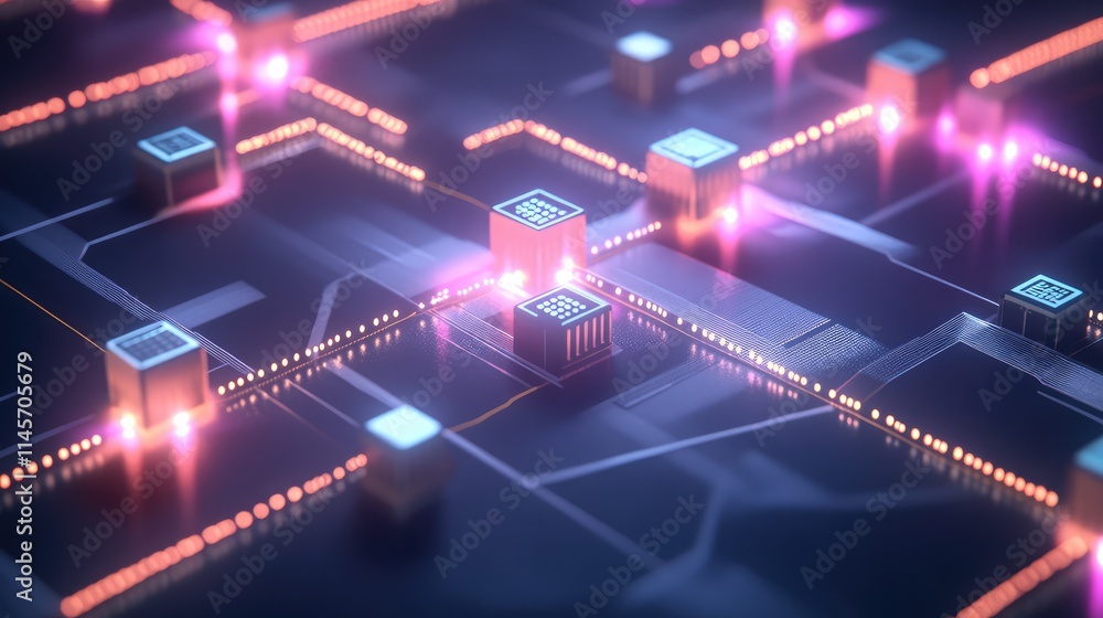 A graphical representation of a digital microchip network, with multiple chips interconnected by glowing pathways A graphical representation of a digital microchip network, with multiple chips interconnected by glowing pathways
