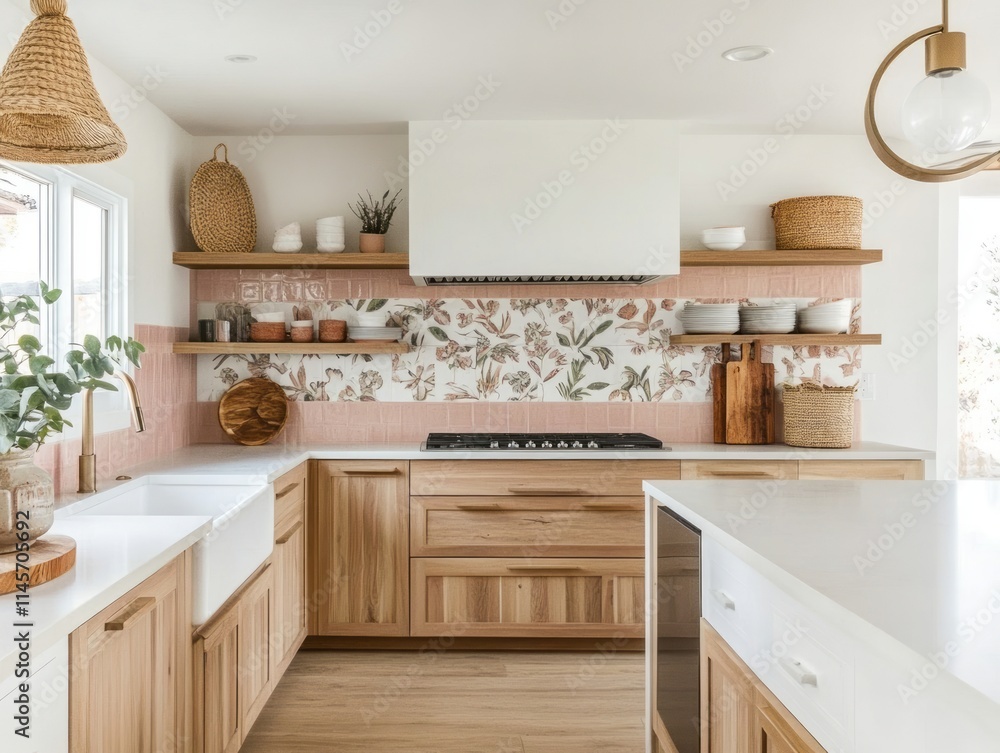 Fototapeta premium Modern kitchen design with floral tile backsplash and wood cabinets