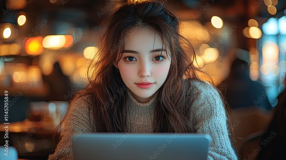 A young businesswoman works on her laptop at a cafe, excited about the opportunities her remote work provides. A young businesswoman works on her laptop at a cafe, excited about the opportunities her remote work provides.