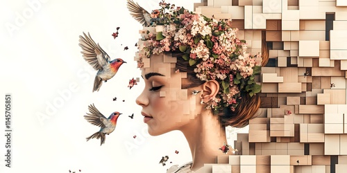 3D pixelated art depicting a beautiful woman with flowers in her hair and birds around her head, surrounded by square blocks of wood. on white background No noise neat 