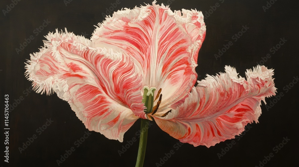 Fringed Tulip with Pink and White Petals on Dark Background Showcasing Intricate Texture and Botanical Beauty Fringed Tulip with Pink and White Petals on Dark Background Showcasing Intricate Texture and Botanical Beauty