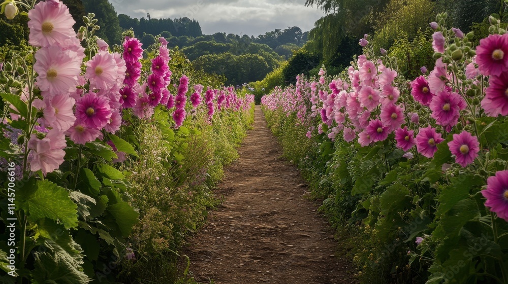 Obraz premium Vibrant Pink Flowers Bloom Along a Serene Garden Pathway