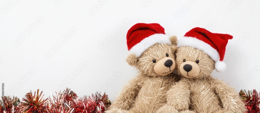 Adorable teddy bears in Santa hats surrounded by festive tinsel on a white background with space for your personalized holiday text. Adorable teddy bears in Santa hats surrounded by festive tinsel on a white background with space for your personalized holiday text.