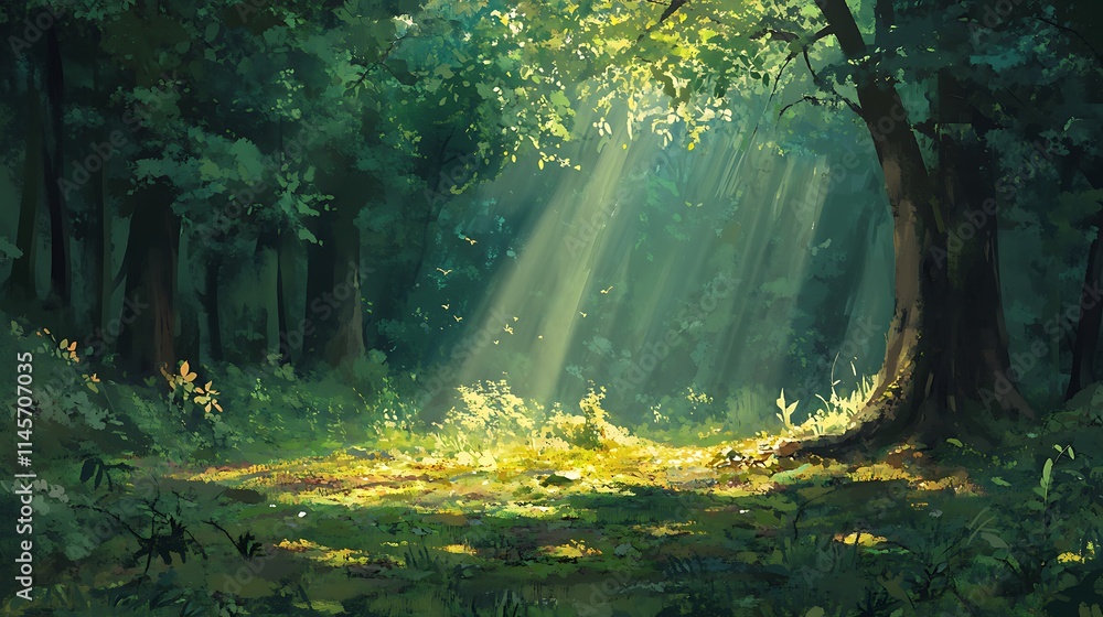 Obraz premium A sunlit forest scene with light rays filtering through a rich green canopy, creating a warm, inviting glow across the forest floor covered in thick moss 