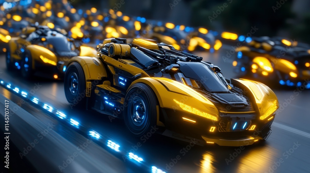 A futuristic scene featuring sleek, illuminated yellow cars on a glowing roadway, embodying high-tech design and vibrant atmosphere. A futuristic scene featuring sleek, illuminated yellow cars on a glowing roadway, embodying high-tech design and vibrant atmosphere.