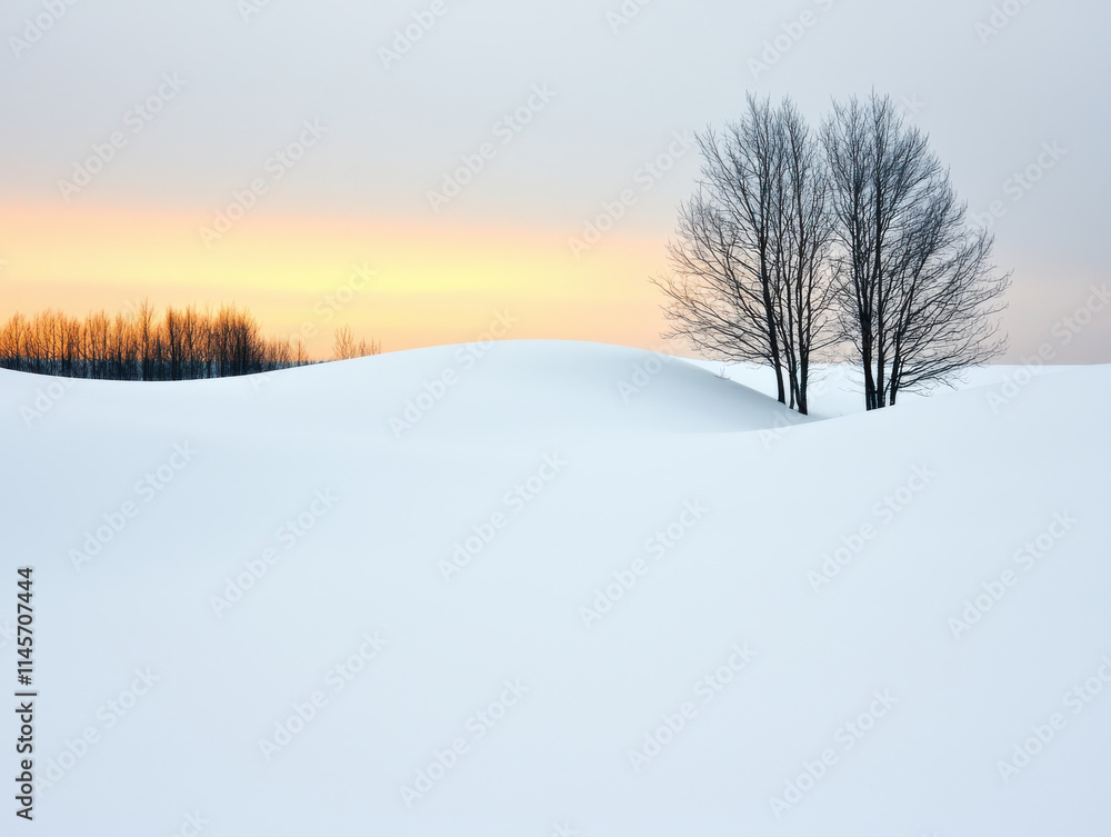 Snowy hills with sunrise casting golden hues, peaceful and serene landscape Snowy hills with sunrise casting golden hues, peaceful and serene landscape