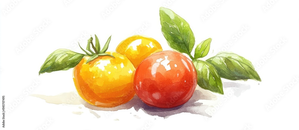 Vibrant ripe tomatoes in yellow and red hues accompanied by fresh basil leaves on a clean white background Vibrant ripe tomatoes in yellow and red hues accompanied by fresh basil leaves on a clean white background