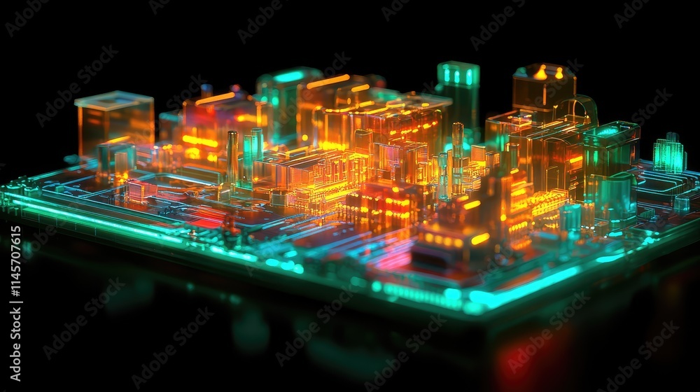Obraz premium A high-resolution 3D model of a next-gen microchip designed for AI, showcasing its layered architecture and glowing circuits