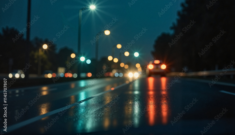 Blurry nighttime street scene with glowing streetlights and reflections on wet asphalt Blurry nighttime street scene with glowing streetlights and reflections on wet asphalt