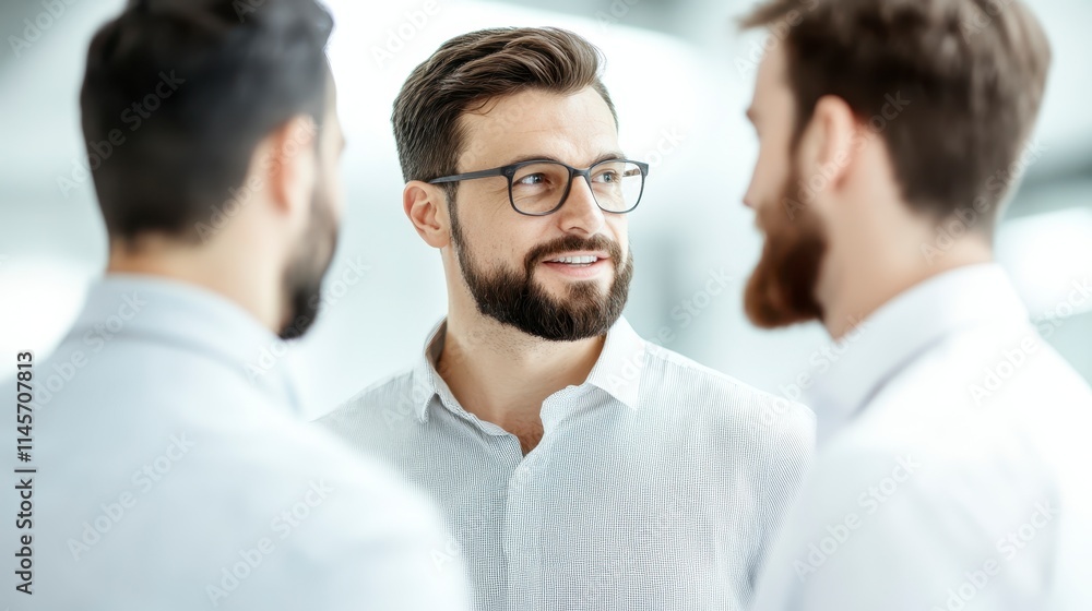 A group of three men engage in a friendly conversation, showcasing a professional atmosphere with one man wearing glasses and smiling. A group of three men engage in a friendly conversation, showcasing a professional atmosphere with one man wearing glasses and smiling.