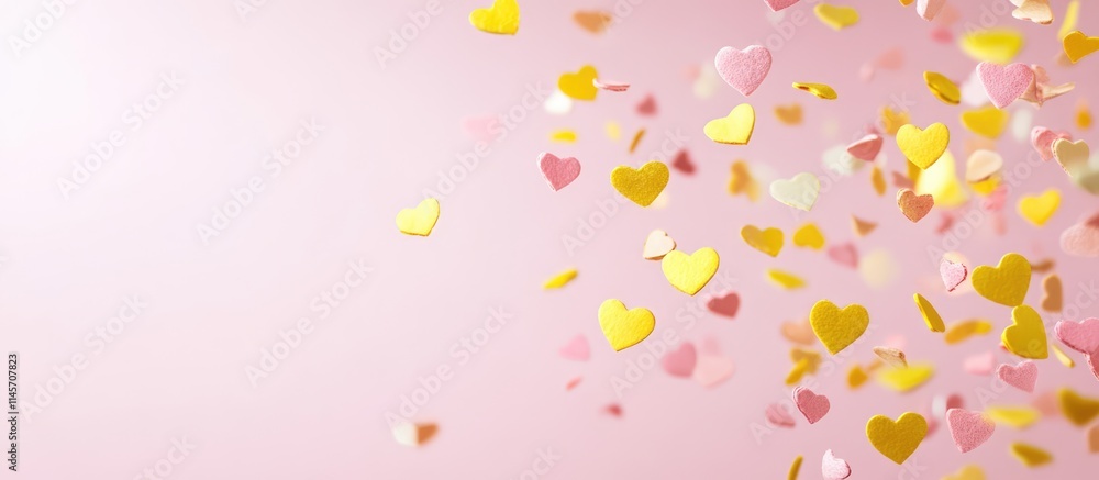 Colorful heart-shaped confetti in yellow and pink cascading on a light pink background creating a festive and playful atmosphere Colorful heart-shaped confetti in yellow and pink cascading on a light pink background creating a festive and playful atmosphere