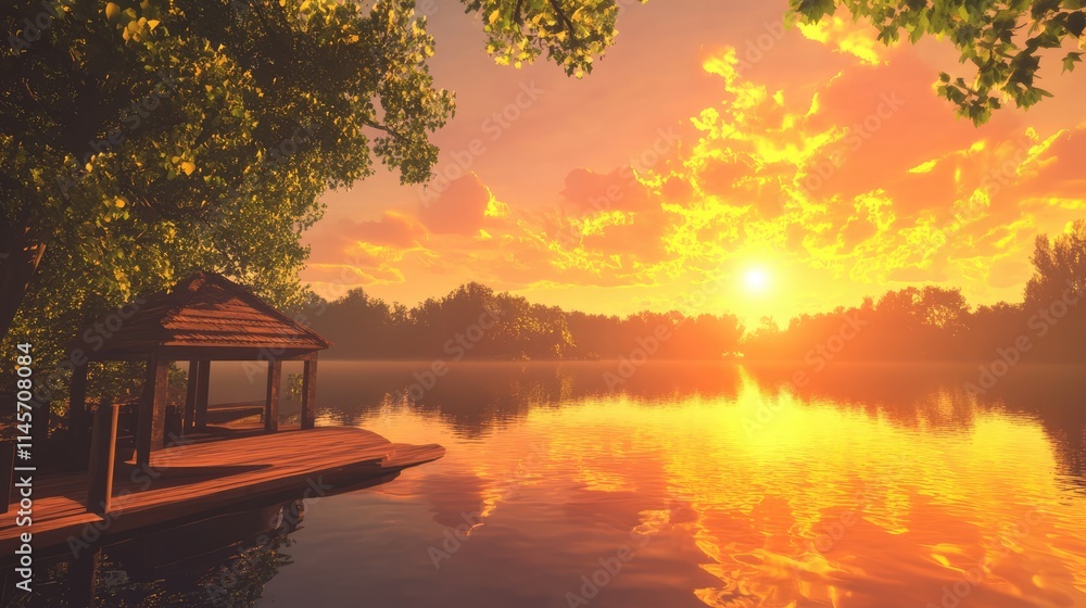 Fototapeta premium Serene sunset over tranquil lake with wooden dock and vibrant sky reflecting on calm waters