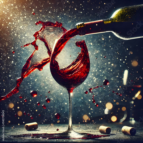 A glass of red wine being poured, with the wine splashing and creating an abstract pattern against a dark background, wine glass, celebration party concept