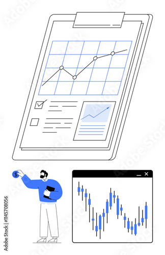 Clipboard with line graph and checklists, man holding a dollar sign with chart, and fluctuating financial graph. Ideal for business analysis, financial reporting, project management, market research