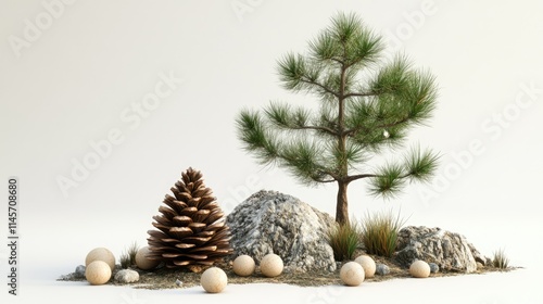 Pine cone decorative arrangement with natural elements and a tree on a white background for seasonal or holiday themes