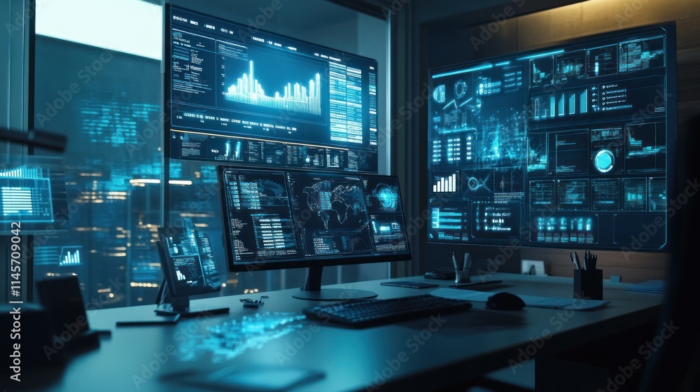 Futuristic workspace with multiple screens displaying data analytics and graphs at night. Futuristic workspace with multiple screens displaying data analytics and graphs at night.