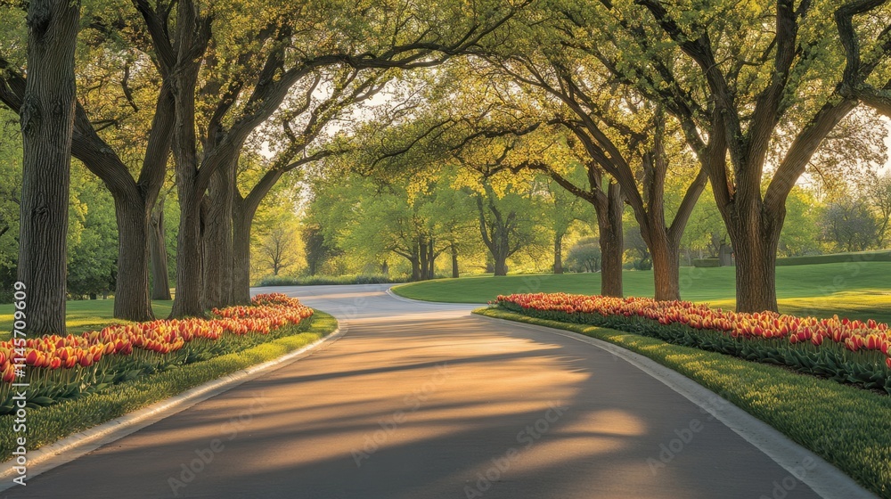 Serene Tree-Lined Road with Vibrant Tulips at Sunrise Serene Tree-Lined Road with Vibrant Tulips at Sunrise