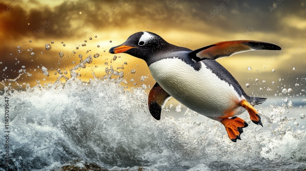 Fototapeta premium Penguin Leaping Through Waves at Sunset Over Ocean Surface