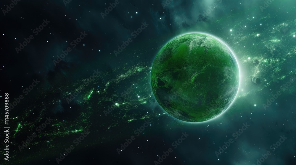 Fototapeta premium Vibrant green planet with a textured surface set against a cosmic backdrop of stars and nebulous colors in deep space.