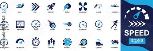 Speed icon set. fast, slow, movement, productivity, indicator, turbo, speeding, gauge, express You can easily change the color.