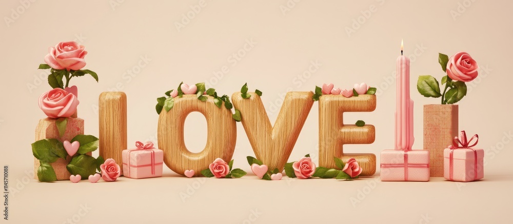 Fototapeta premium Valentine's Day card design featuring wooden letters spelling love adorned with pink roses candle holders and gift boxes on a soft background